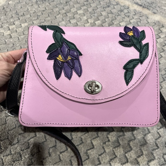 Embroidered Leather Crossbody Purse Adjustable Strap Pink & Purple Flowers Boho - Picture 3 of 12